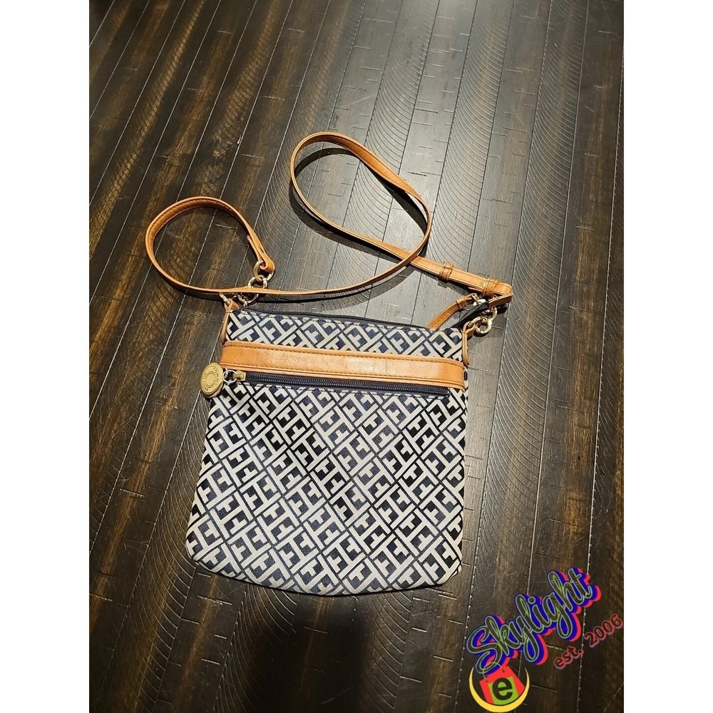 Tommy Hilfiger Women Brown Gold‎ Crossbody Purse Navy Tan Faux Leather Logo